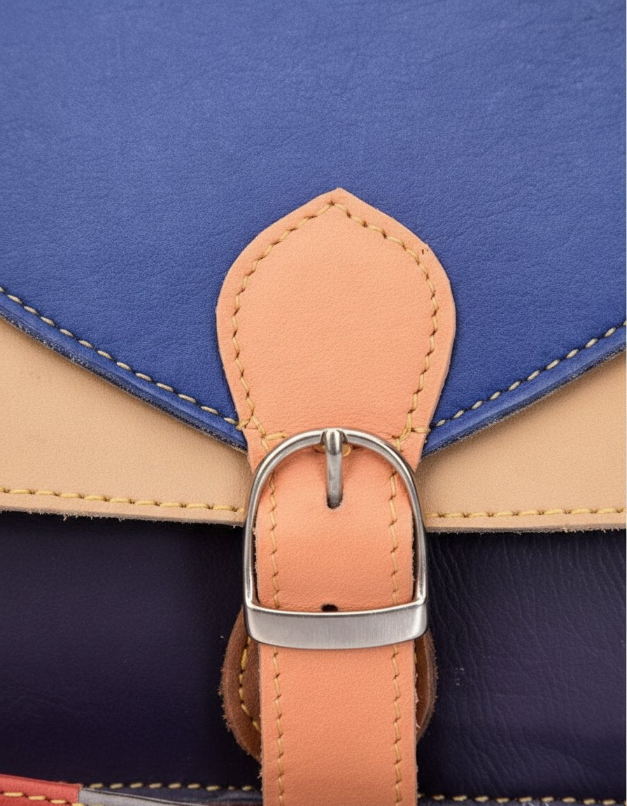 One-of-one mini leather satchel, blue peach navy satchel colourway