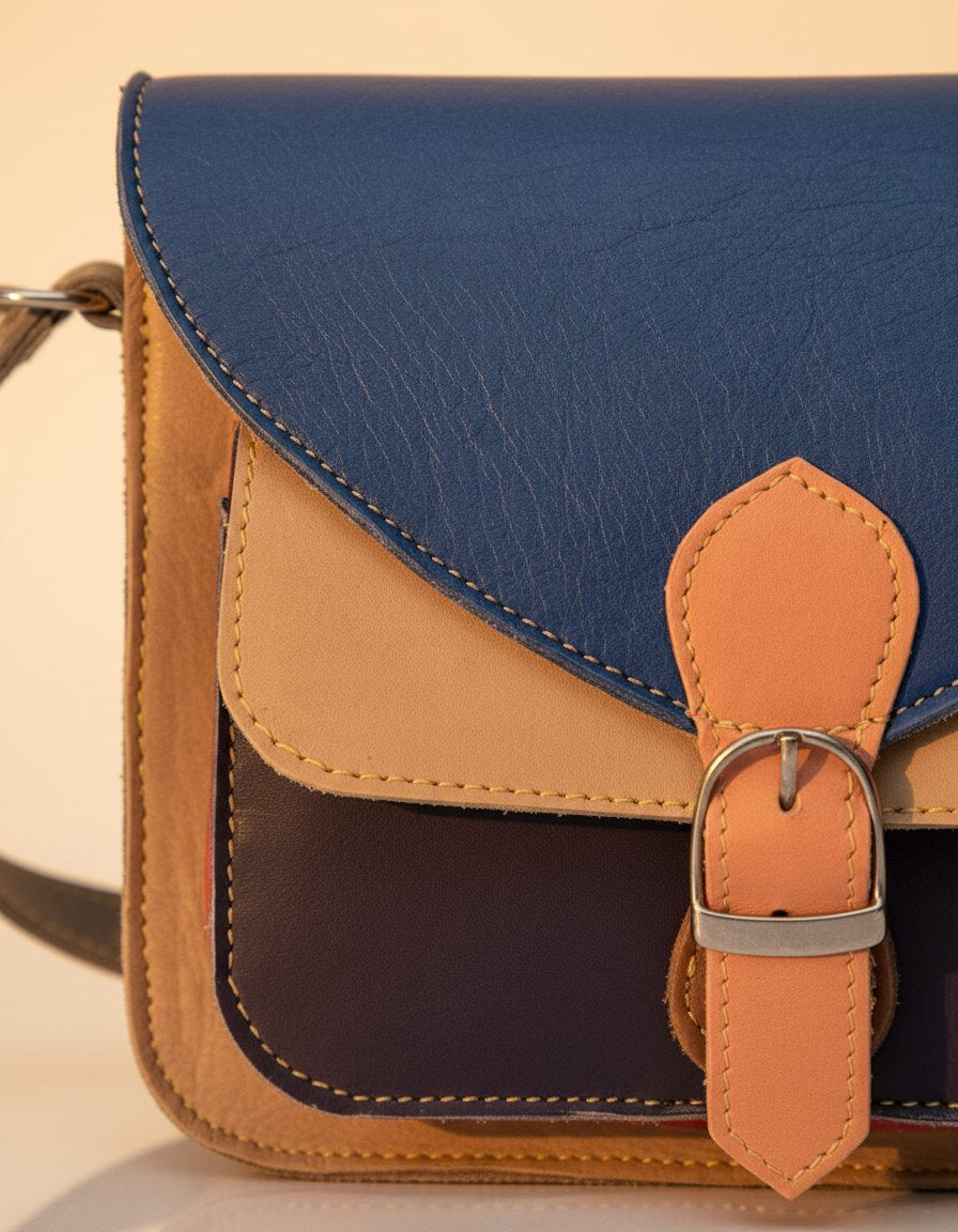 One-of-one mini leather satchel, blue peach navy satchel colourway