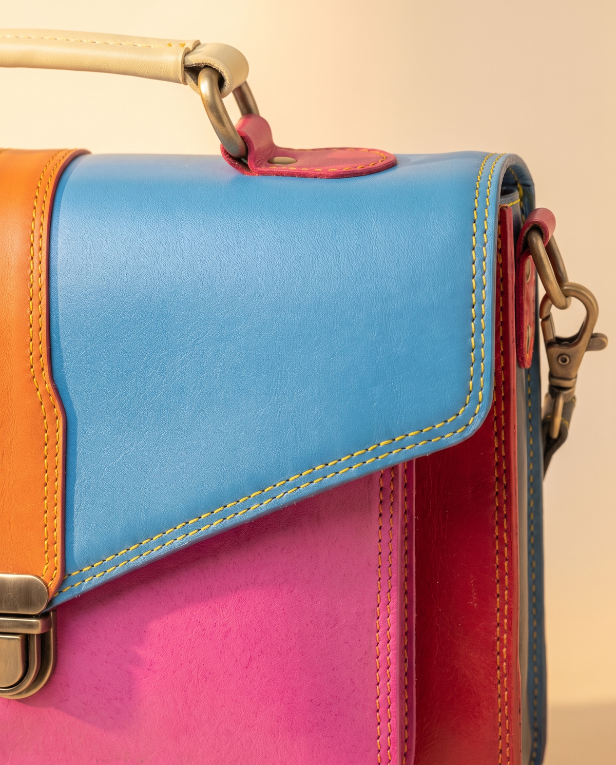 Buckle flap detail on blue and pink leather satchel