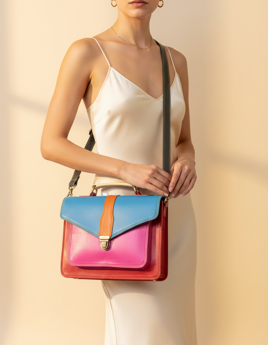 One-of-one blue and pink colour-block leather satchel by Ya Qalbi