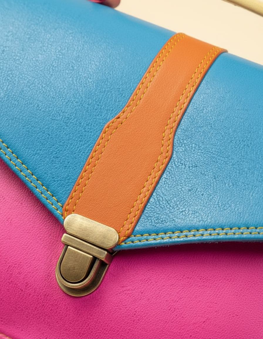 Woman carrying blue and pink colour-block leather satchel