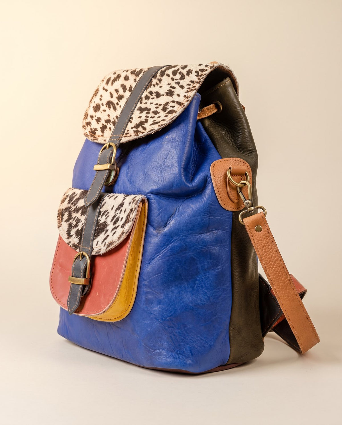 One-of-one hair-on flap leather backpack, blue spotted flap backpack colourway (cowhide)