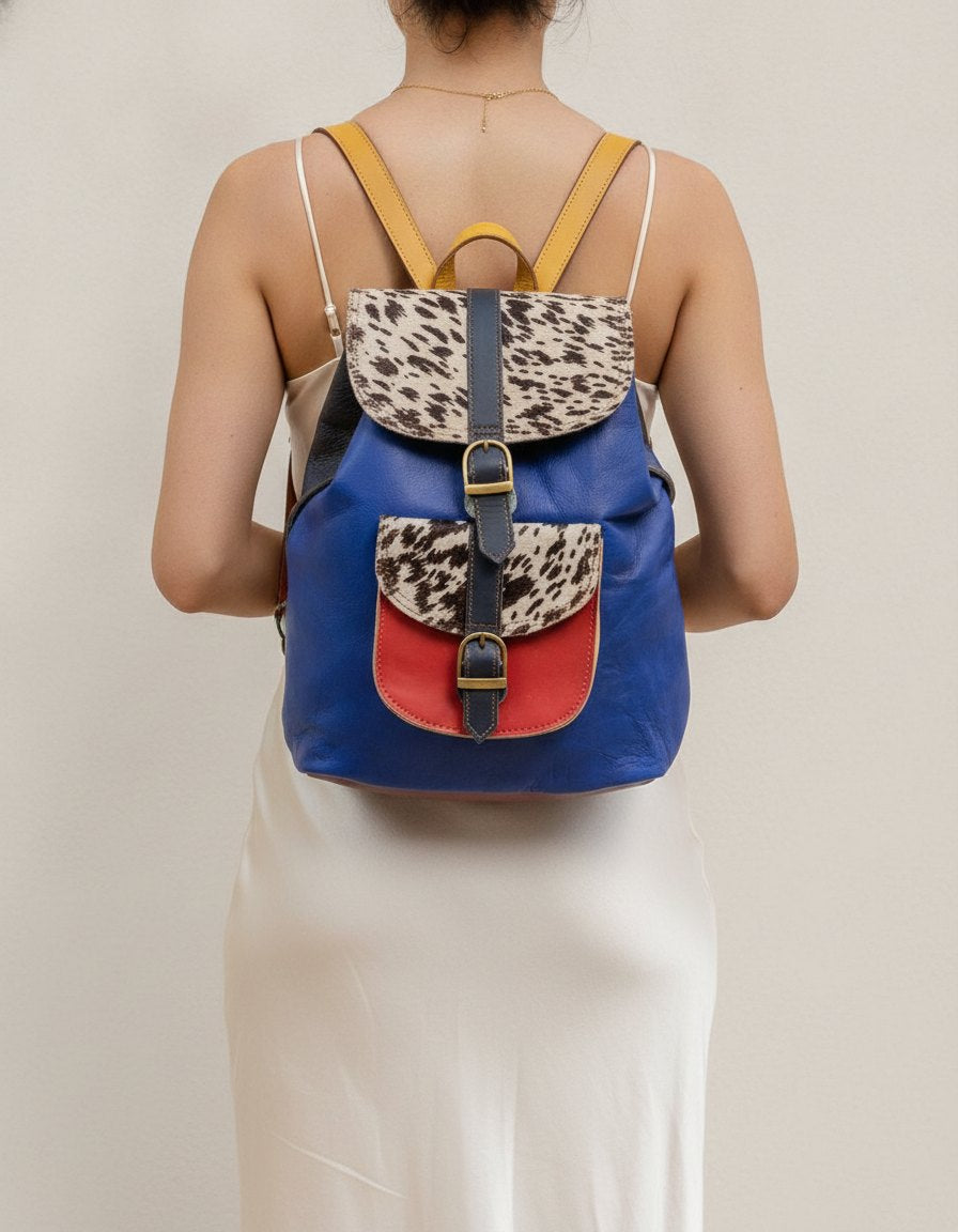 One-of-one hair-on flap leather backpack, blue spotted flap backpack colourway (cowhide)