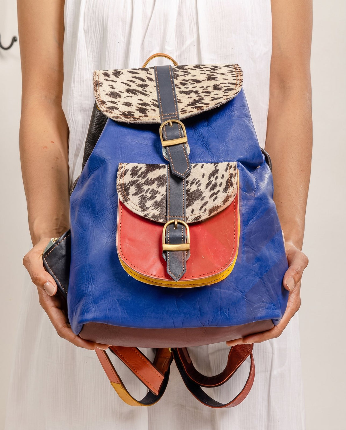 One-of-one hair-on flap leather backpack, blue spotted flap backpack colourway (cowhide)