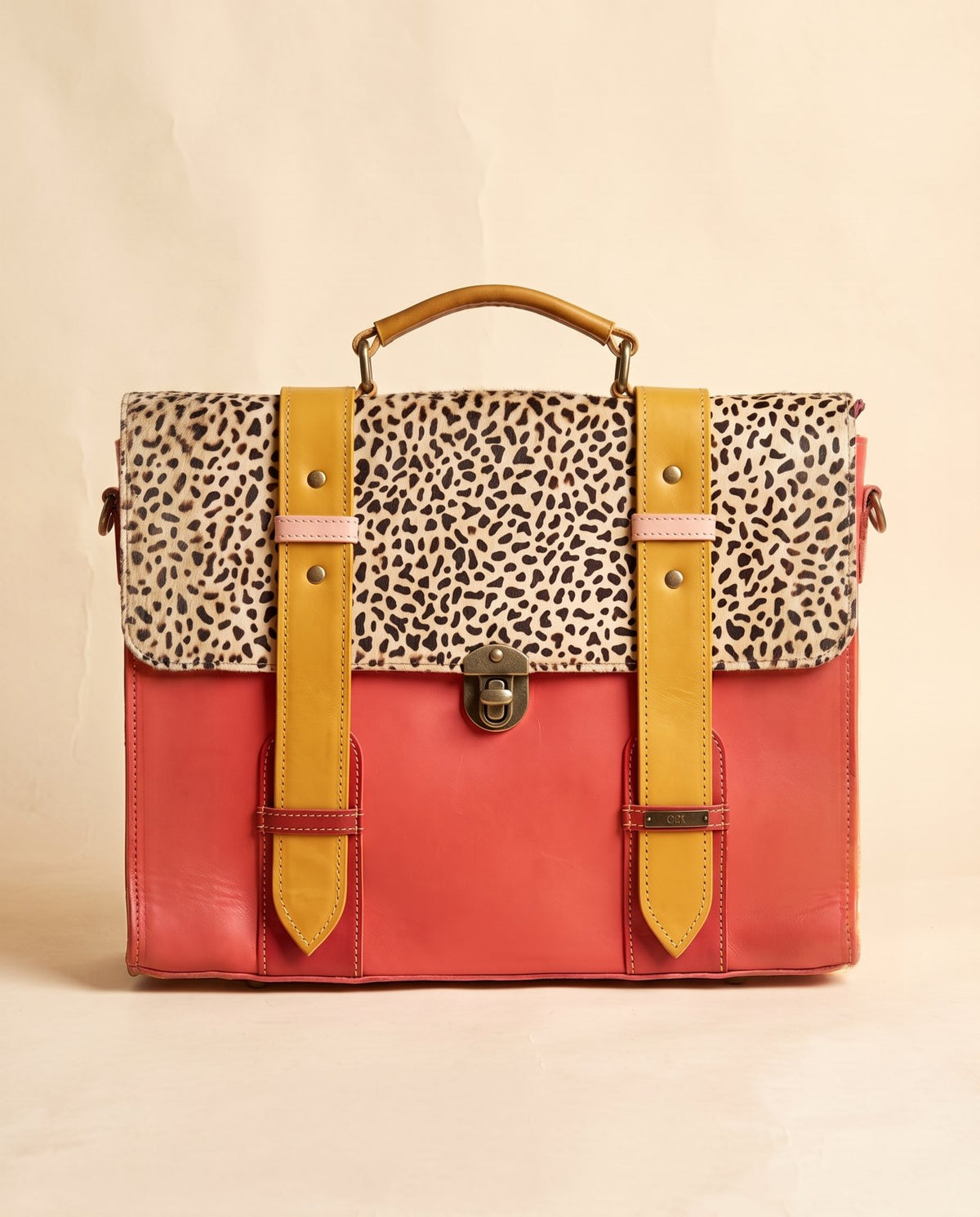 One-of-one hair-on flap leather laptop satchel, cheetah flap red yellow satchel colourway (cowhide)