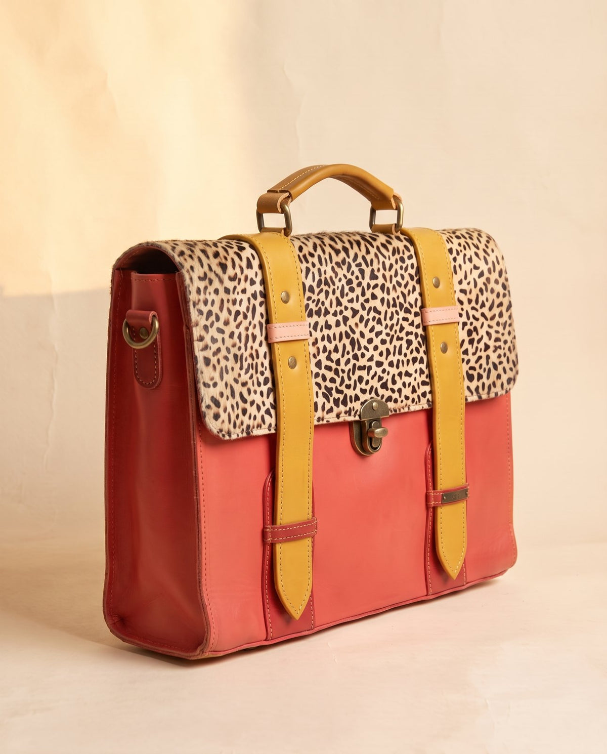 One-of-one hair-on flap leather laptop satchel, cheetah flap red yellow satchel colourway (cowhide)