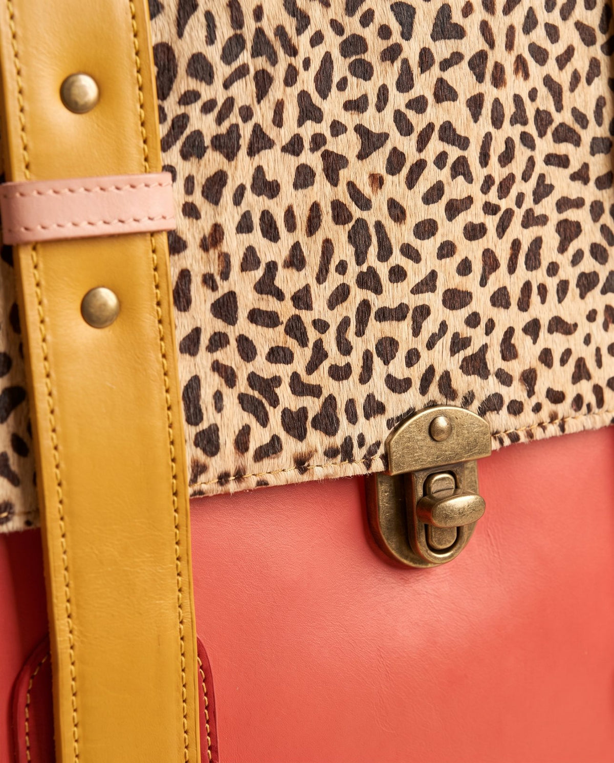 One-of-one hair-on flap leather laptop satchel, cheetah flap red yellow satchel colourway (cowhide)