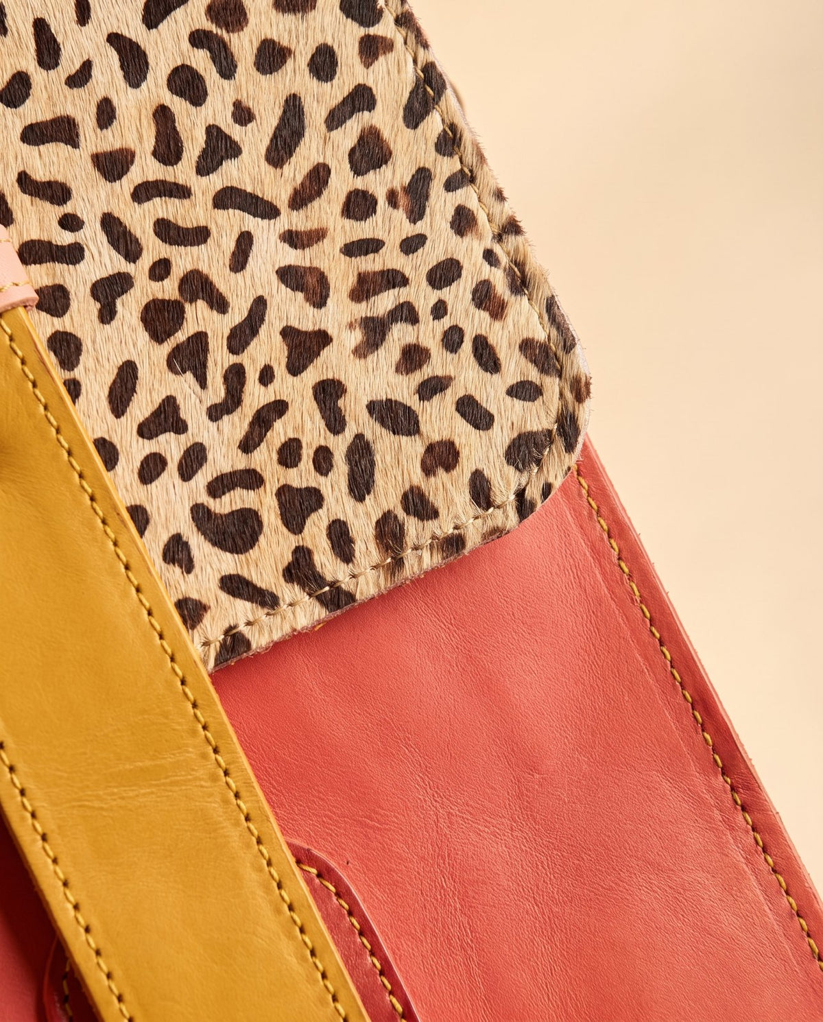 One-of-one hair-on flap leather laptop satchel, cheetah flap red yellow satchel colourway (cowhide)