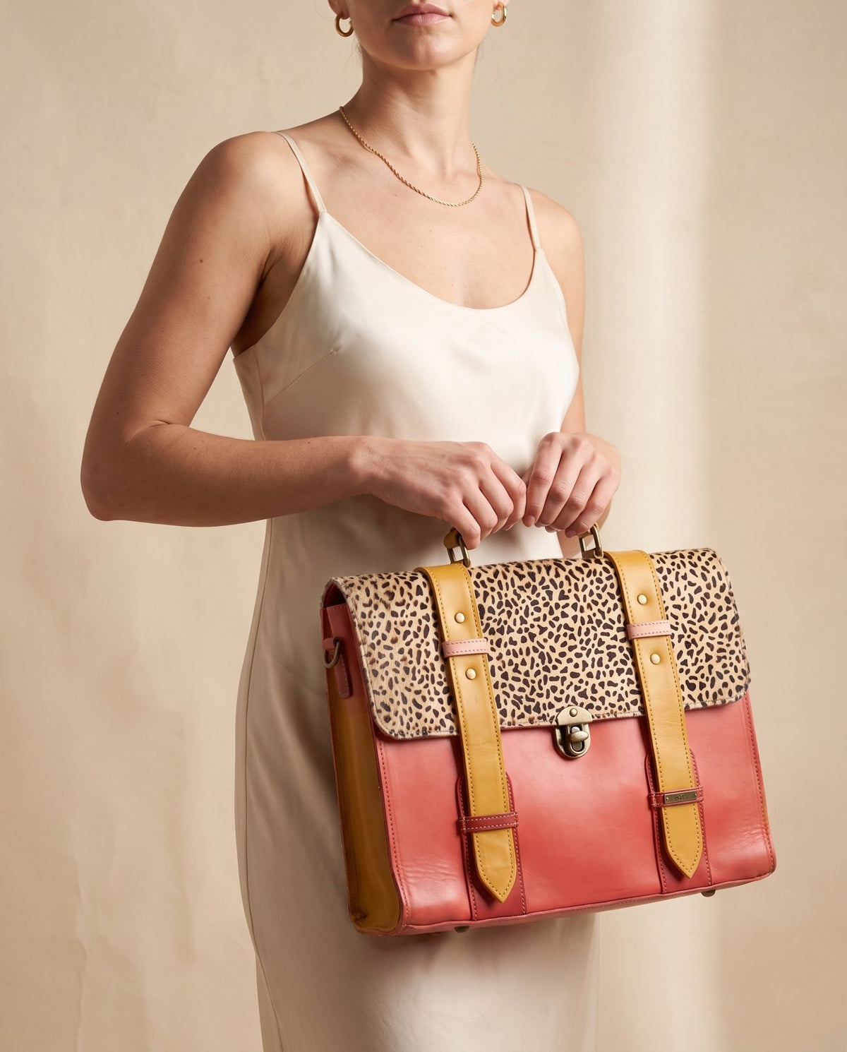 One-of-one hair-on flap leather laptop satchel, cheetah flap red yellow satchel colourway (cowhide)