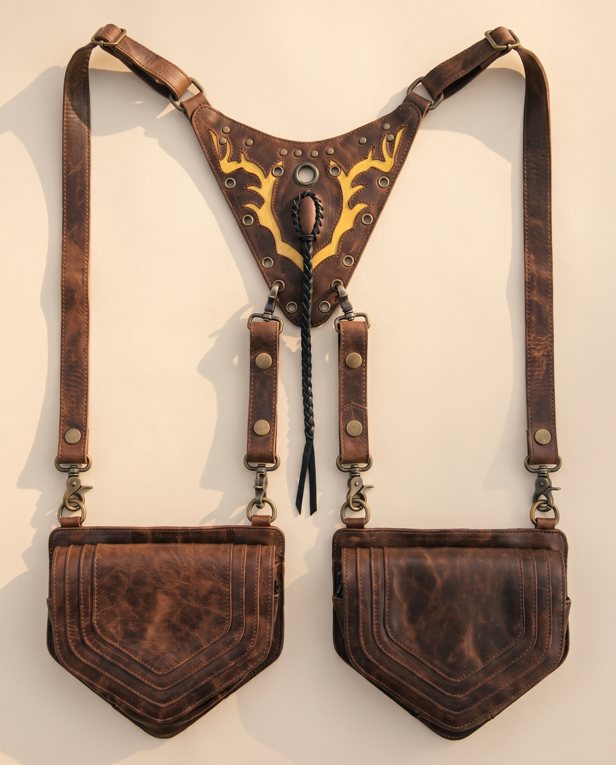 Dark brown and yellow hand-painted antler leather harness bag with gemstone, by Ya Qalbi