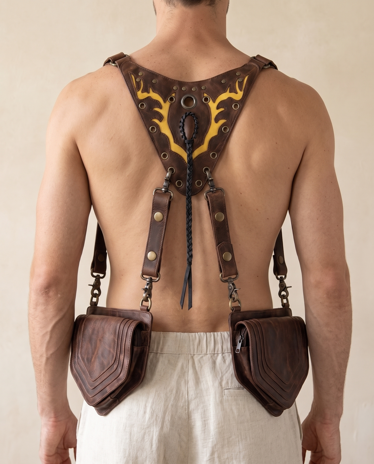 Dark brown and yellow hand-painted antler leather harness bag with gemstone, front view, by Ya Qalbi