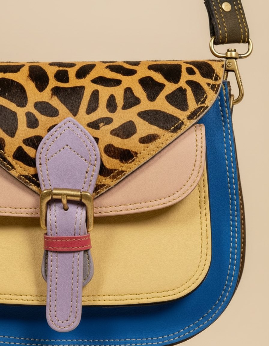 One-of-one hair-on flap saddle bag, giraffe flap saddle lilac buckle colourway (cowhide)