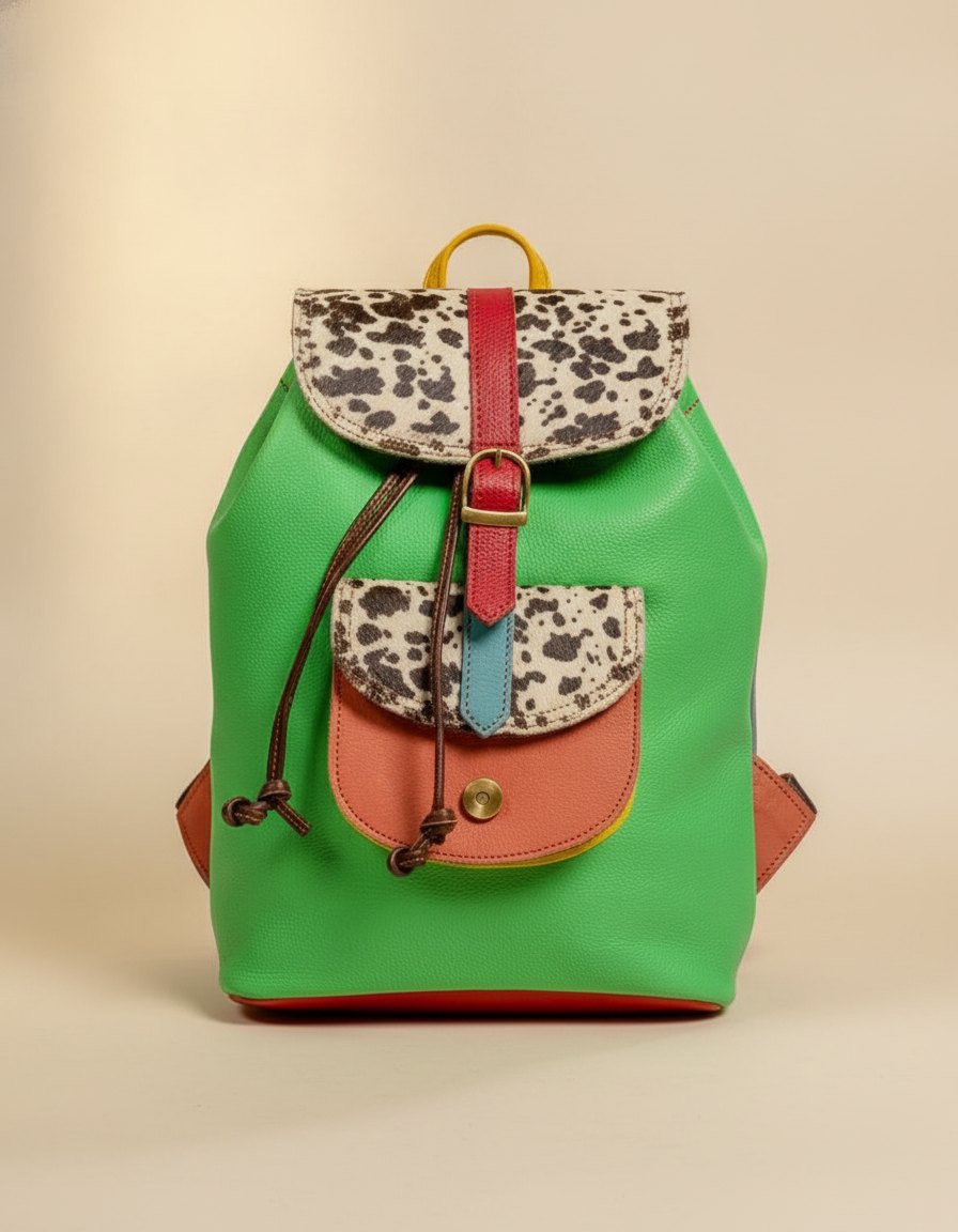 One-of-one hair-on flap leather backpack, green cow print backpack colourway (cowhide)