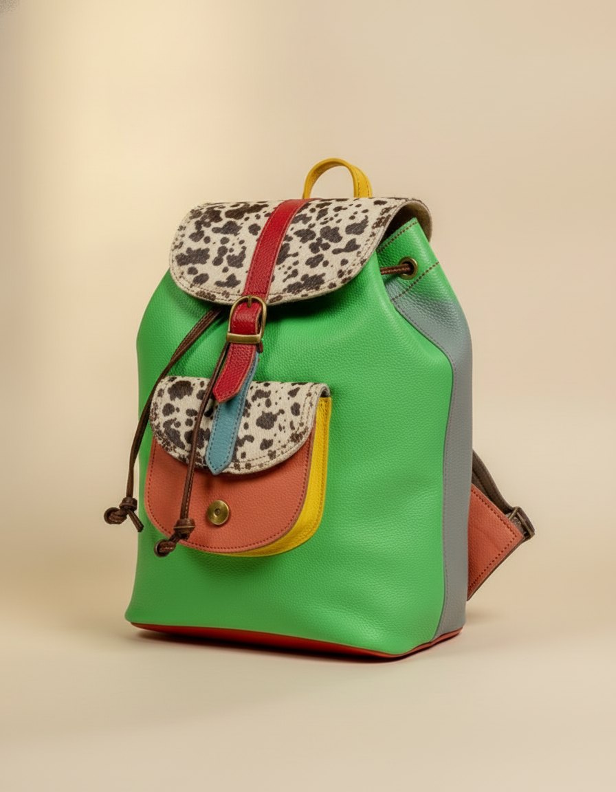 One-of-one hair-on flap leather backpack, green cow print backpack colourway (cowhide)