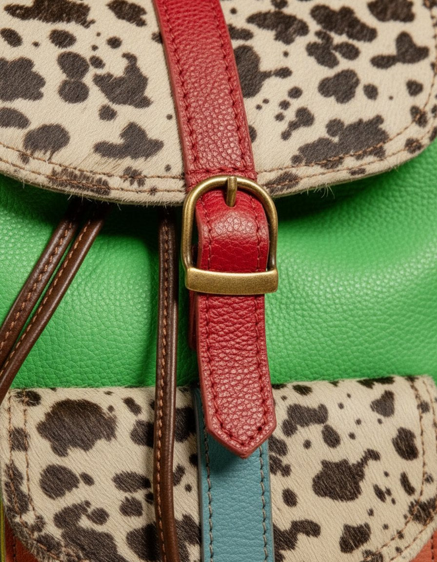 One-of-one hair-on flap leather backpack, green cow print backpack colourway (cowhide)