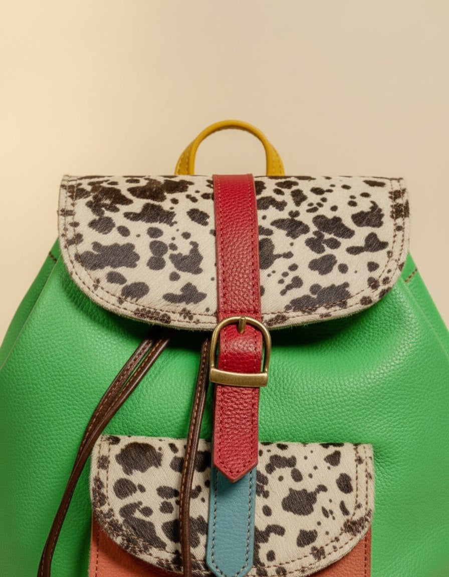 One-of-one hair-on flap leather backpack, green cow print backpack colourway (cowhide)