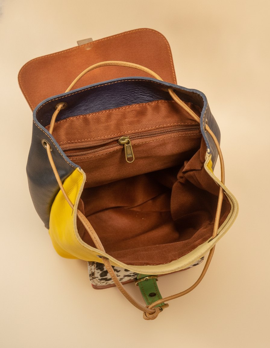 One-of-one hair-on flap leather backpack, green cow print backpack colourway (cowhide)