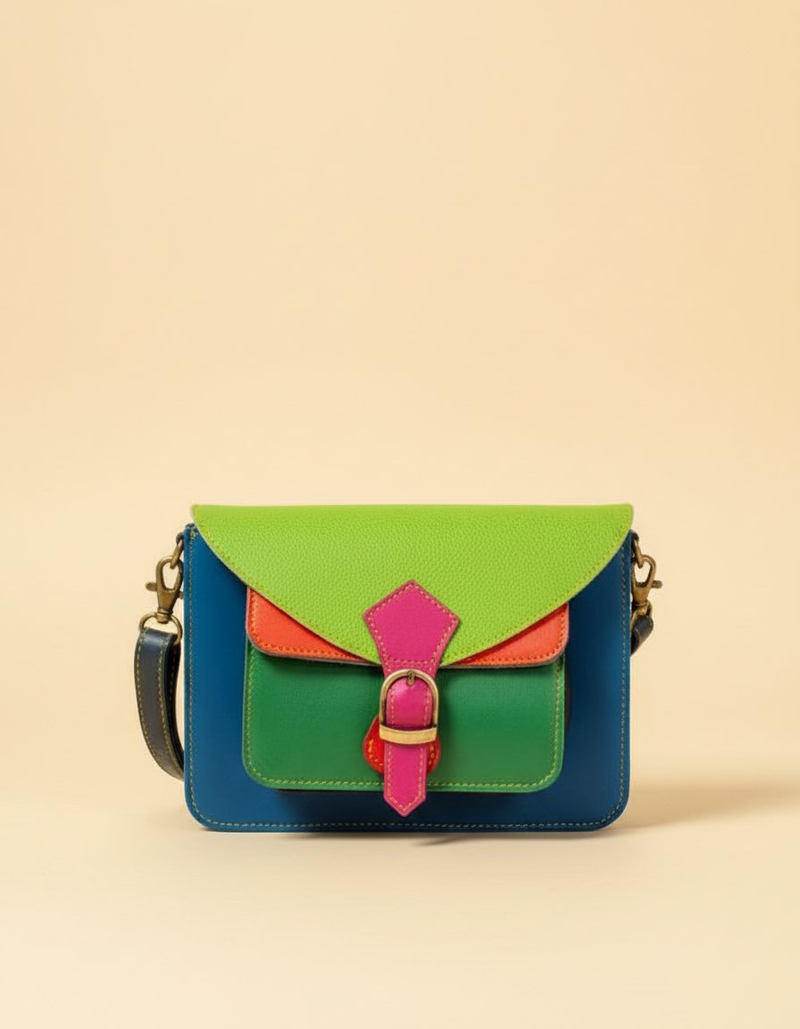 One-of-one mini leather satchel, green pink blue mini satchel colourway
