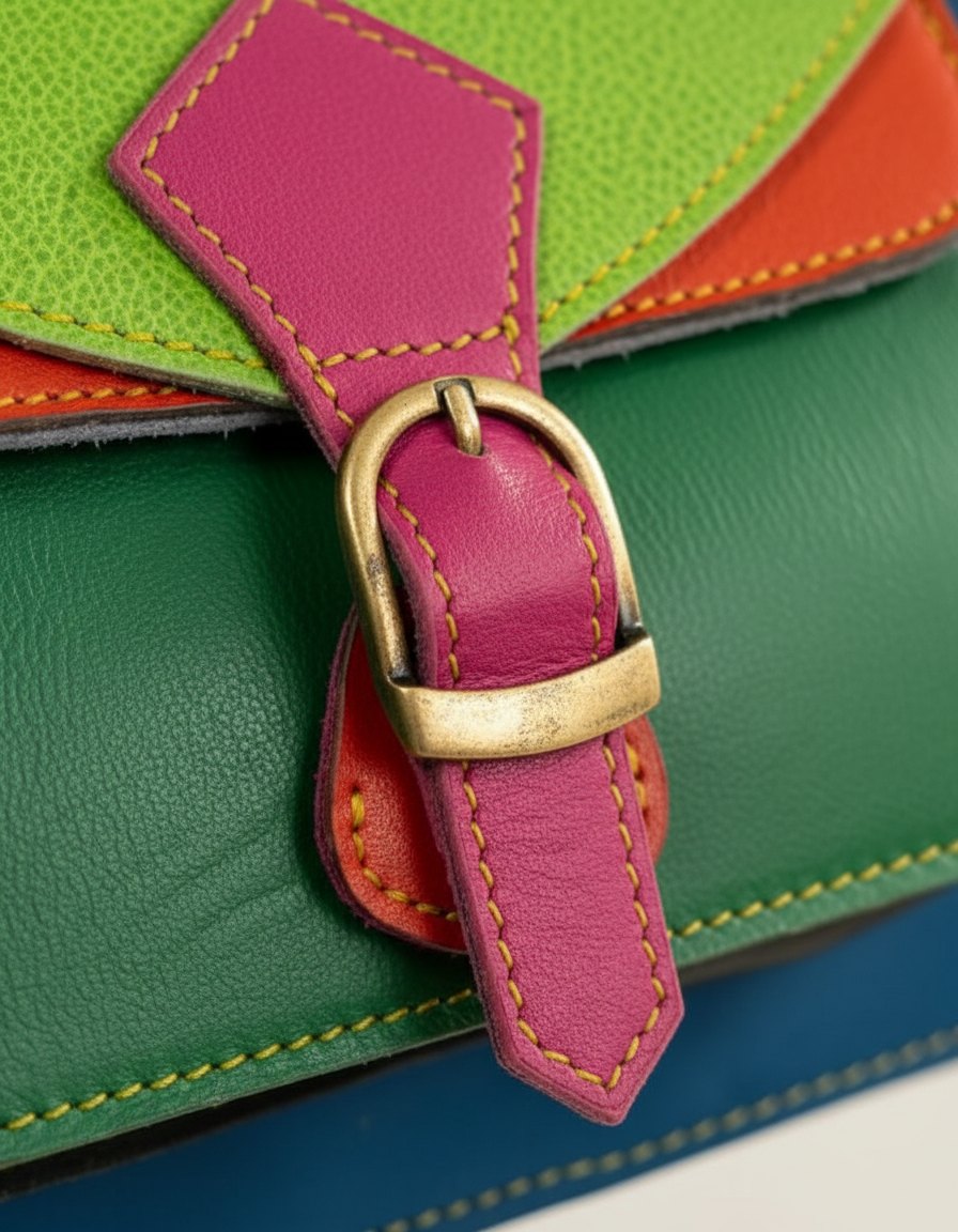 One-of-one mini leather satchel, green pink blue mini satchel colourway