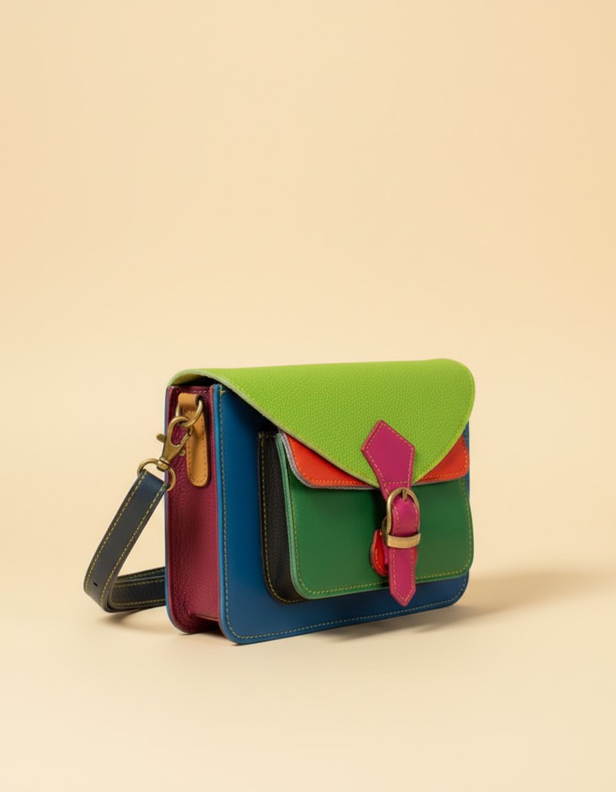 One-of-one mini leather satchel, green pink blue mini satchel colourway