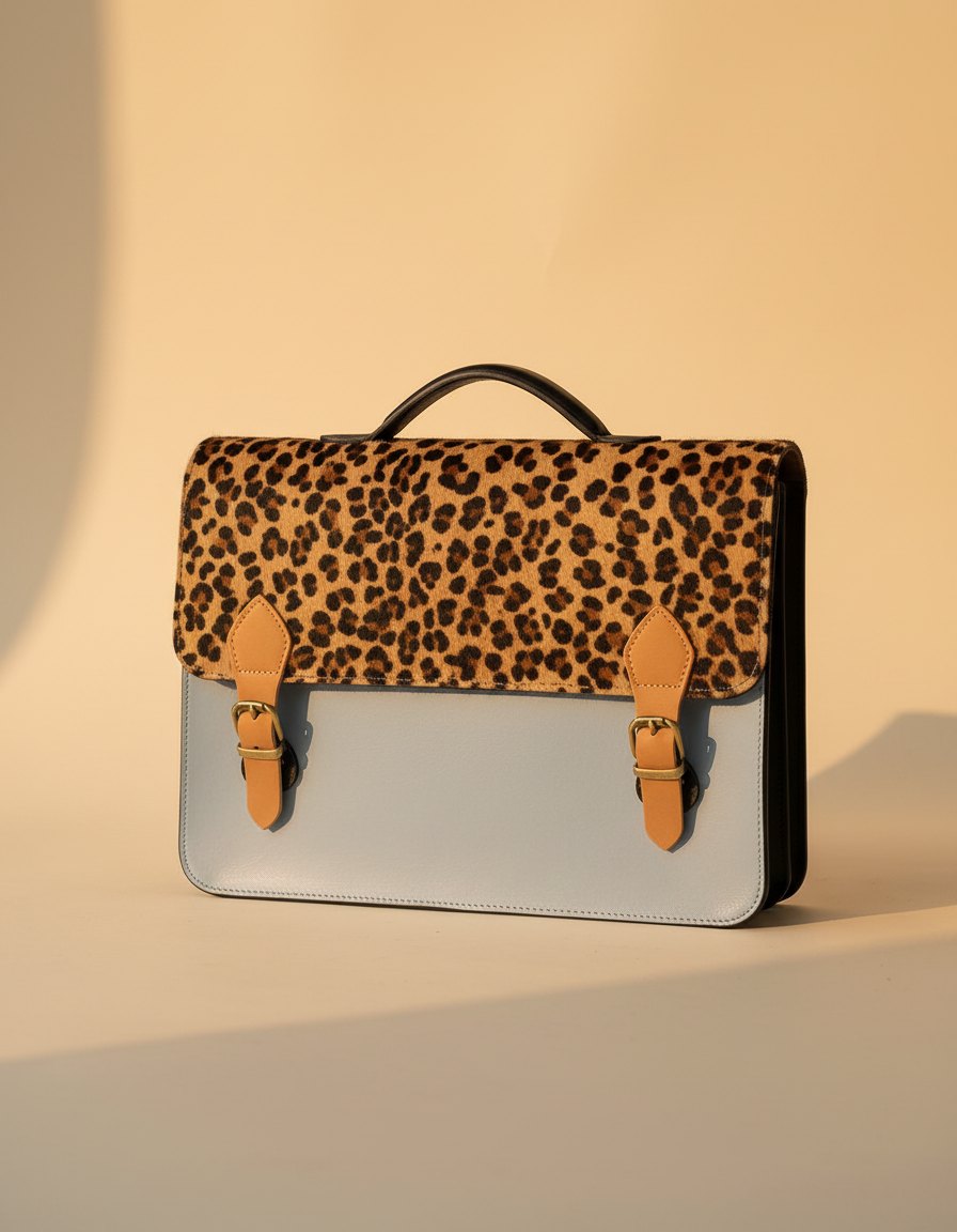 One-of-one hair-on flap leather laptop satchel, leopard flap grey satchel colourway (cowhide)