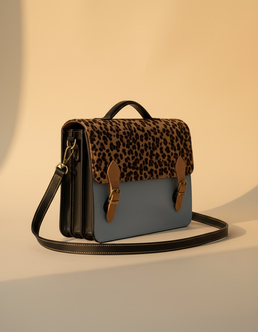 One-of-one hair-on flap leather laptop satchel, leopard flap grey satchel colourway (cowhide)