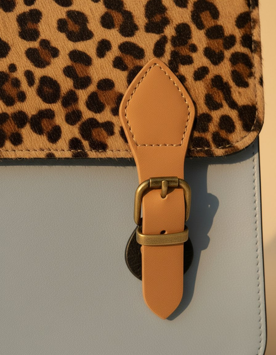 One-of-one hair-on flap leather laptop satchel, leopard flap grey satchel colourway (cowhide)