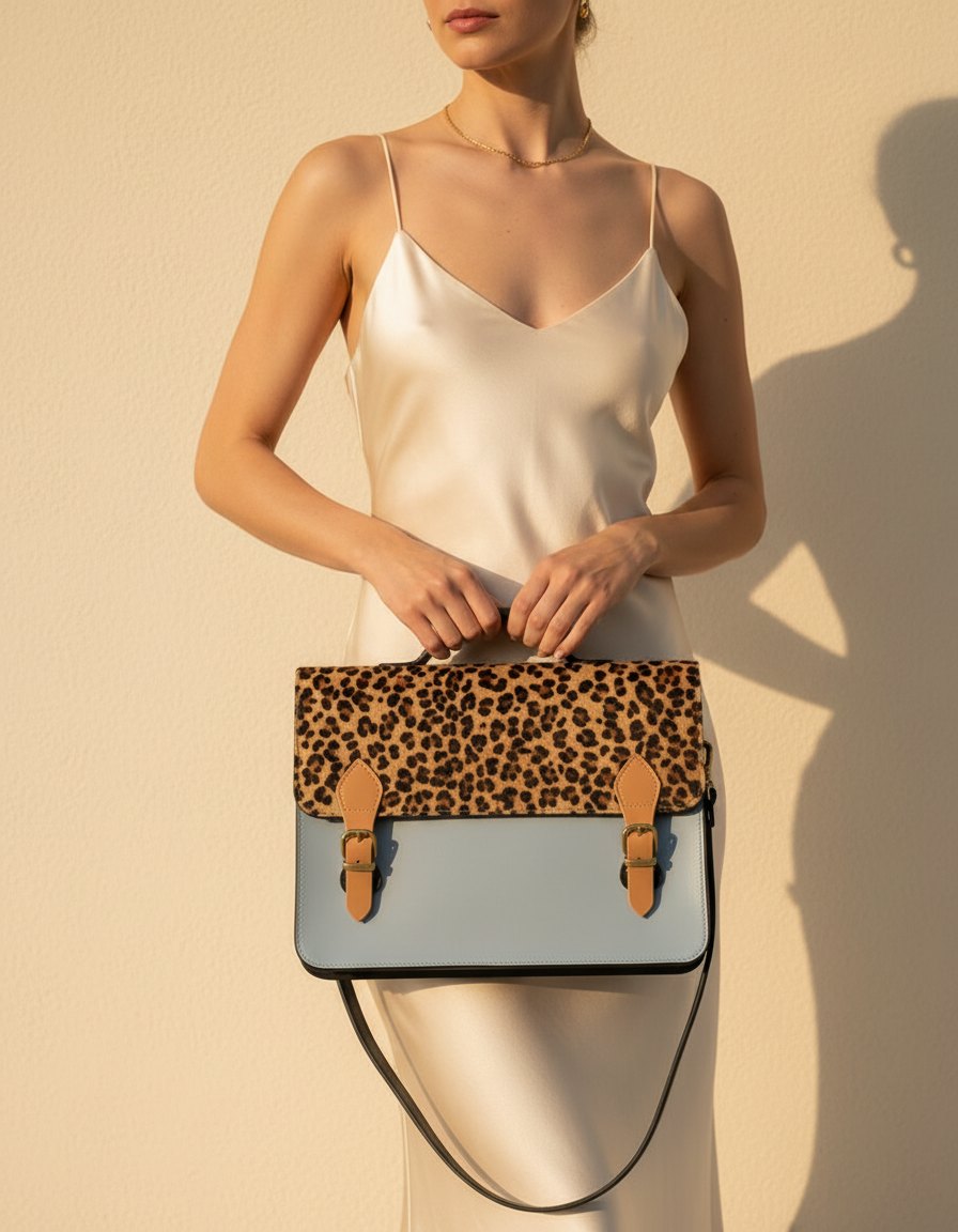 One-of-one hair-on flap leather laptop satchel, leopard flap grey satchel colourway (cowhide)