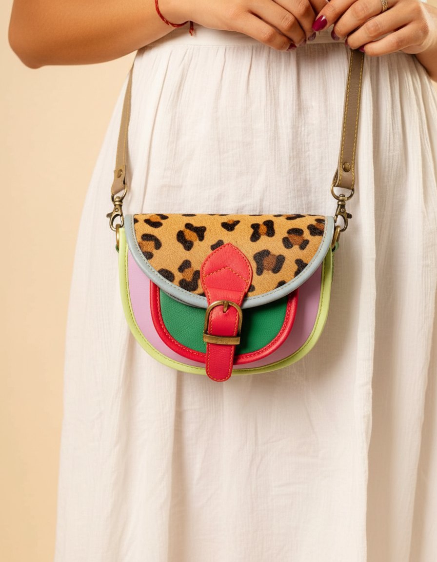 One-of-one hair-on flap saddle bag, leopard flap saddle green pink colourway (cowhide)