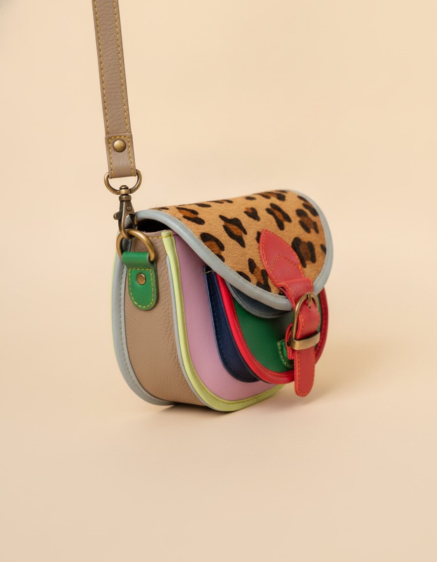 One-of-one hair-on flap saddle bag, leopard flap saddle green pink colourway (cowhide)