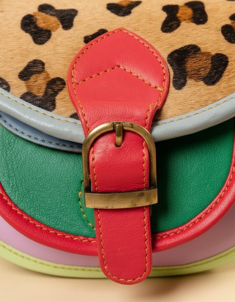 One-of-one hair-on flap saddle bag, leopard flap saddle green pink colourway (cowhide)