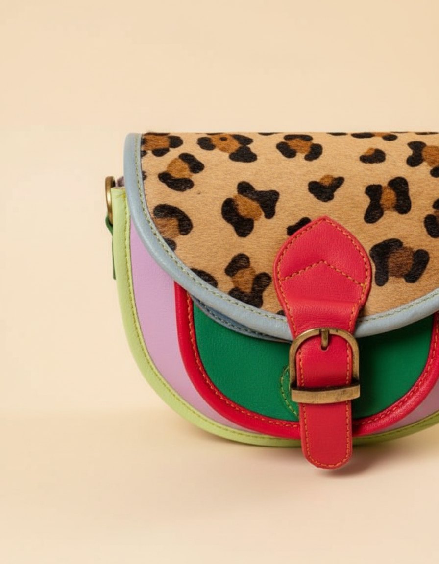 One-of-one hair-on flap saddle bag, leopard flap saddle green pink colourway (cowhide)