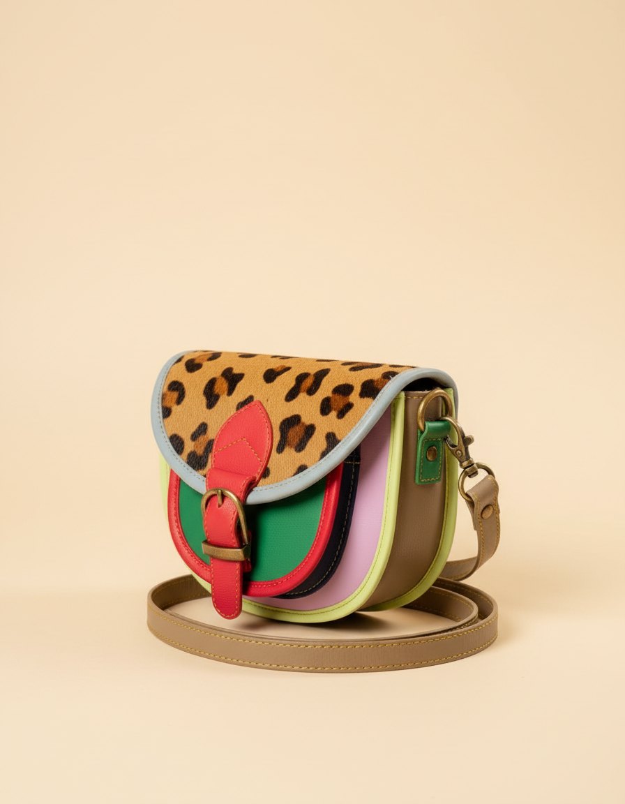 One-of-one hair-on flap saddle bag, leopard flap saddle green pink colourway (cowhide)