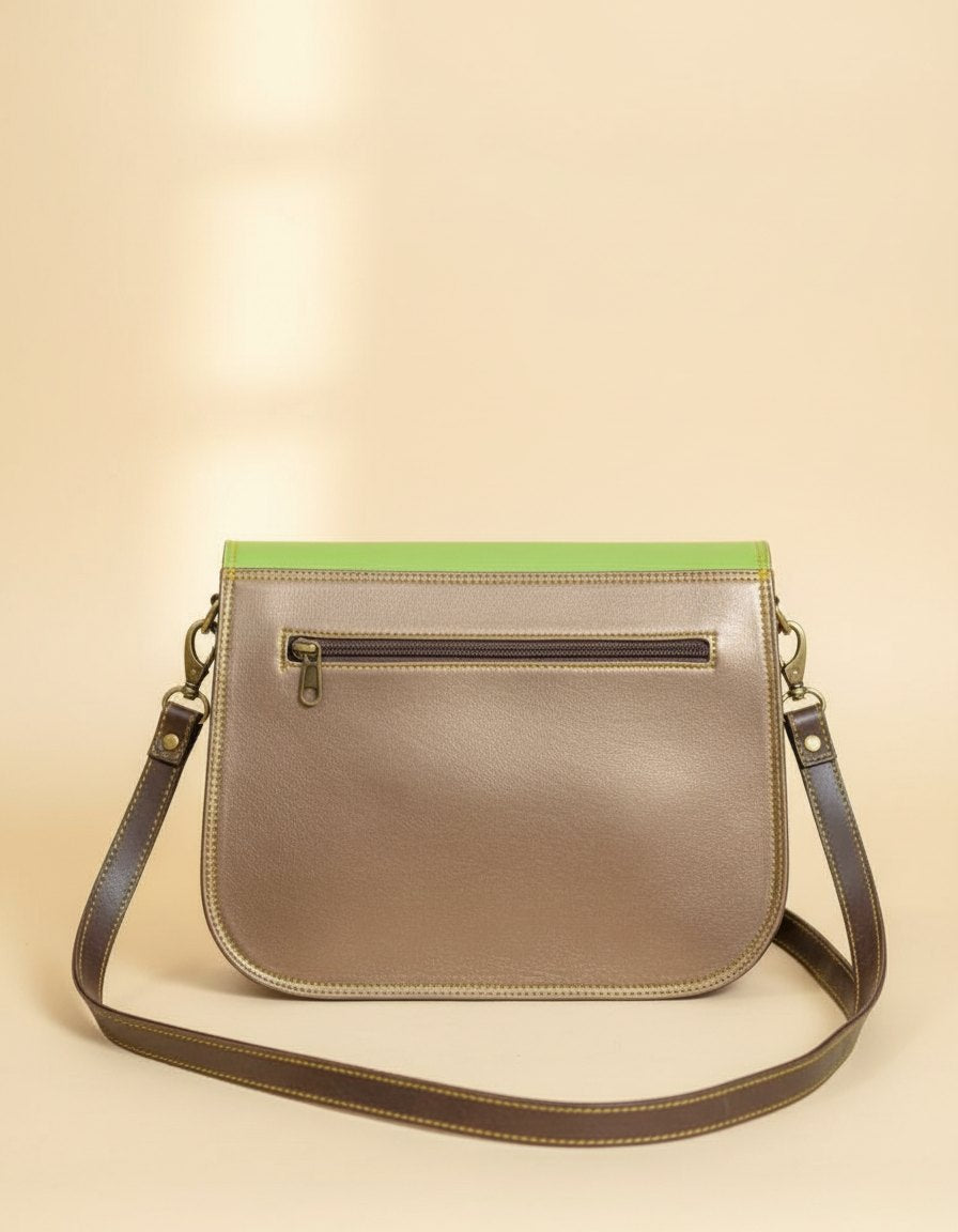 One-of-one push-lock flap leather satchel, lime red saddle push-lock colourway