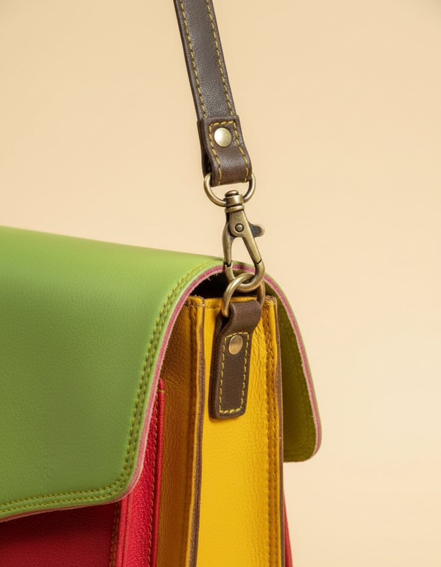 One-of-one push-lock flap leather satchel, lime red saddle push-lock colourway