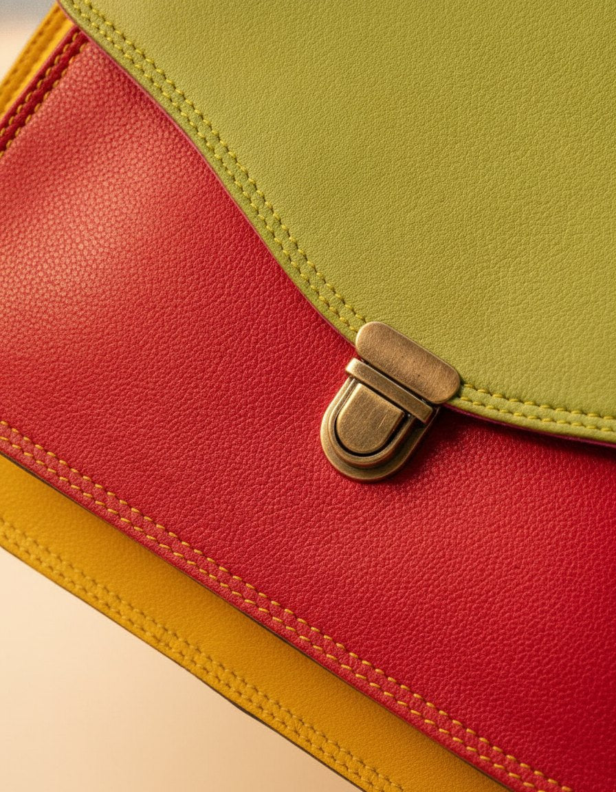 One-of-one push-lock flap leather satchel, lime red saddle push-lock colourway