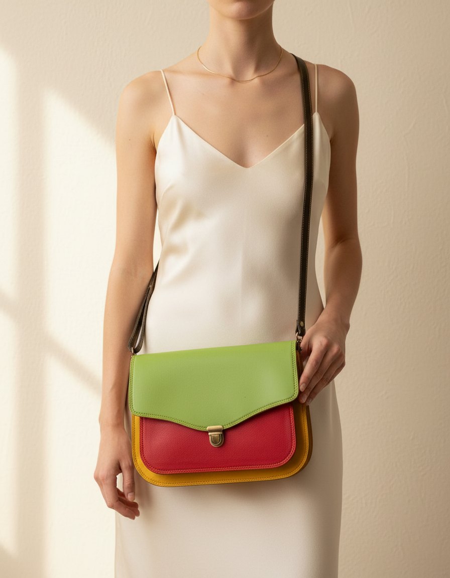 One-of-one push-lock flap leather satchel, lime red saddle push-lock colourway