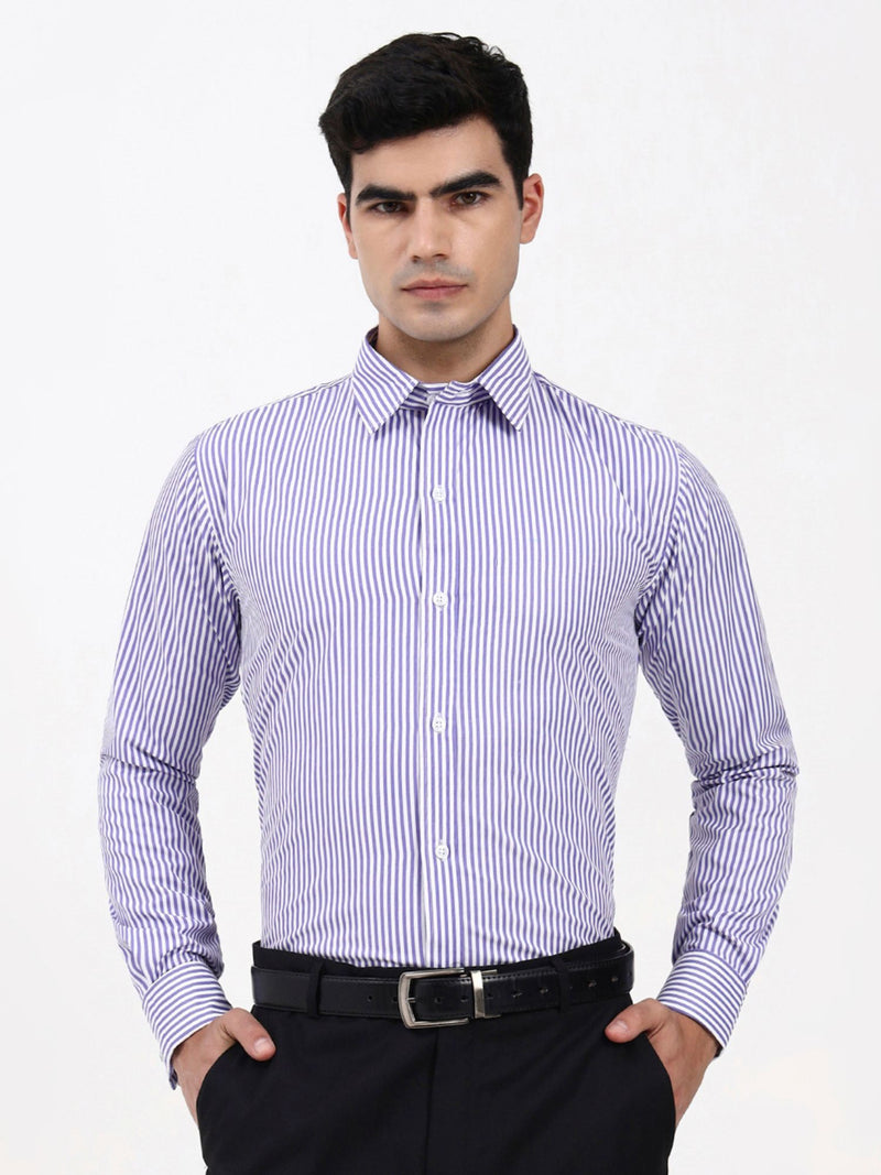 Men’s Blue Dress Shirt | Tailored Fit with Contrast Stripe French Cuffs