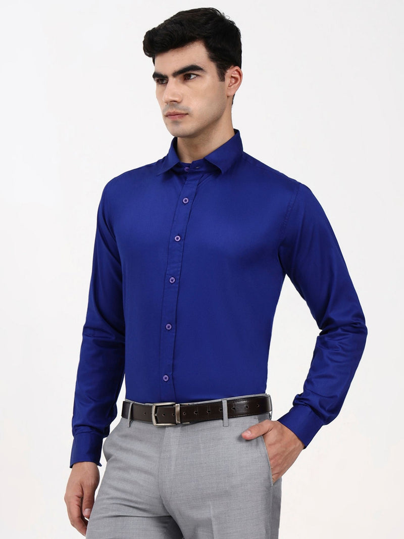 Men’s Blue Formal Shirt | Tailored Fit Cotton-Satin for Office & Occasions