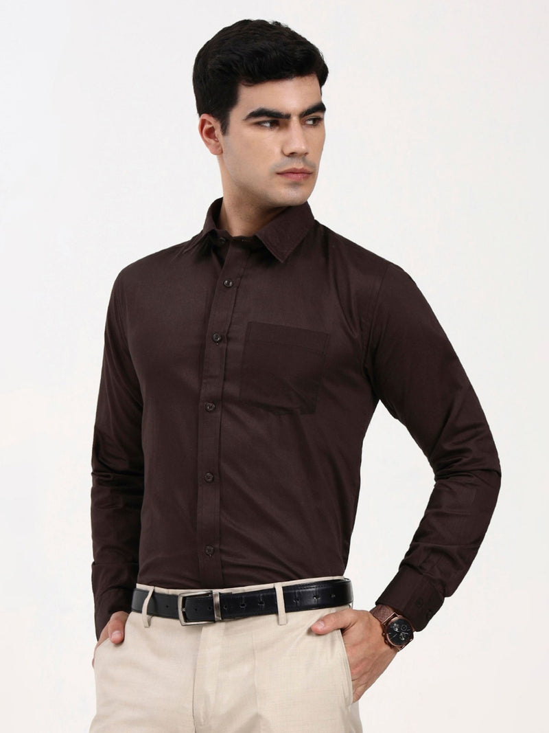 Men’s Brown Formal Shirt | Tailored Fit Cotton-Satin for Office & Occasions