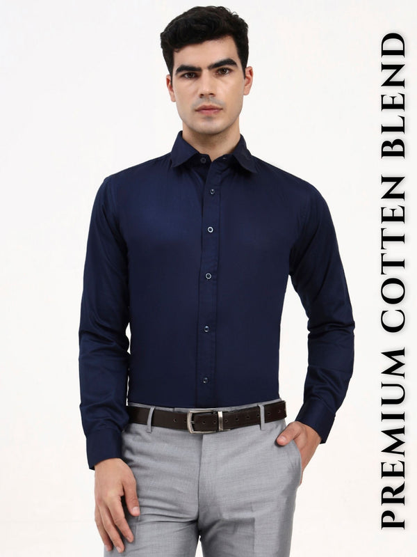 Men’s Cotton-Satin Blend Dark Blue Formal Shirt | Tailored Solid for Office & Special Occasions