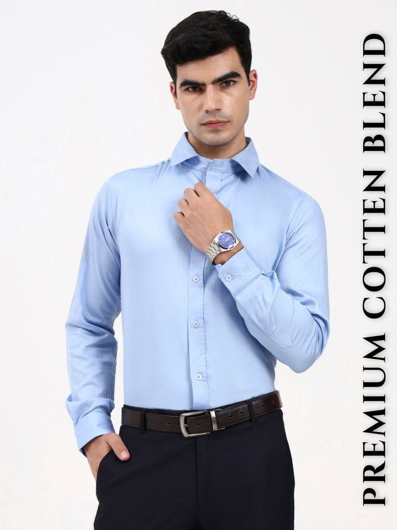 Men’s Cotton-Satin Blend Light Blue Formal Shirt | Tailored Solid for Office & Special Occasions