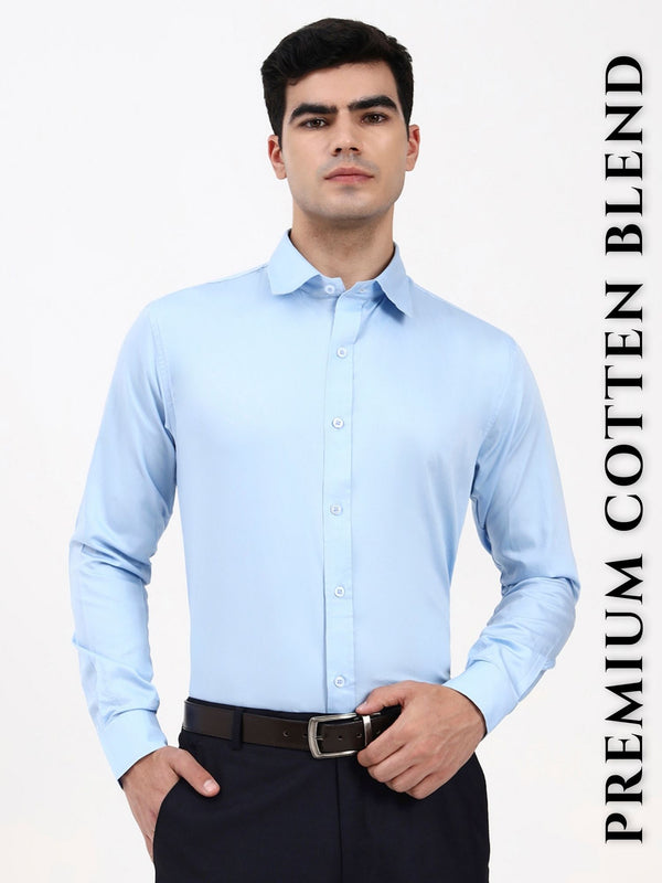 Men’s Cotton-Satin Blend Pastel Blue Formal Shirt | Tailored Solid for Office & Special Occasions