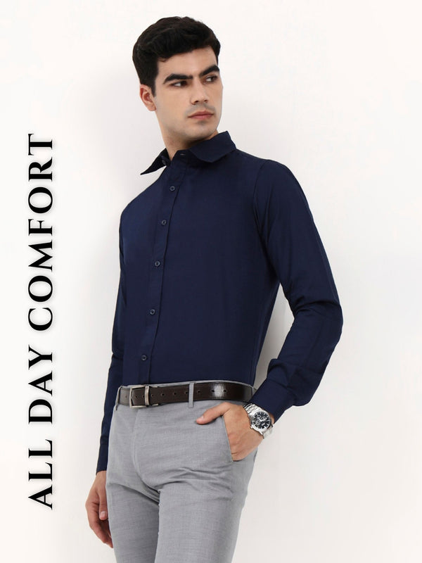 Men’s Dark Blue Cotton-Satin Formal Shirt | Tailored Fit Office & Occasion Wear