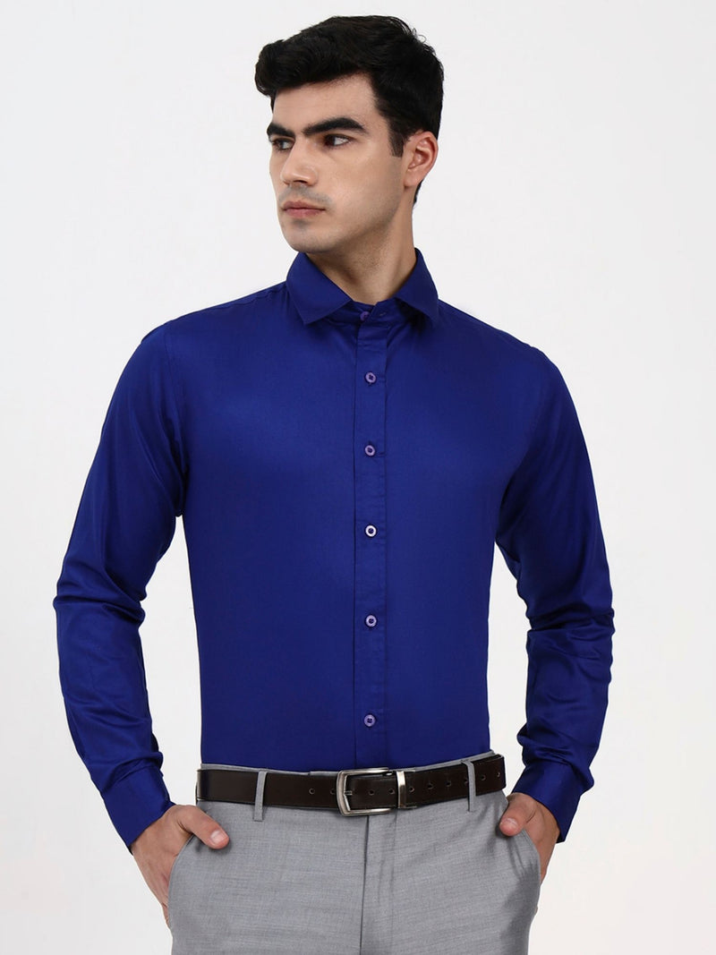 Men’s Designer Blue Formal Shirt | Solid Cotton-Satin Tailored Fit