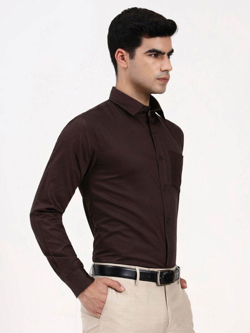 Men’s Designer Brown Formal Shirt | Solid Cotton-Satin Tailored Fit