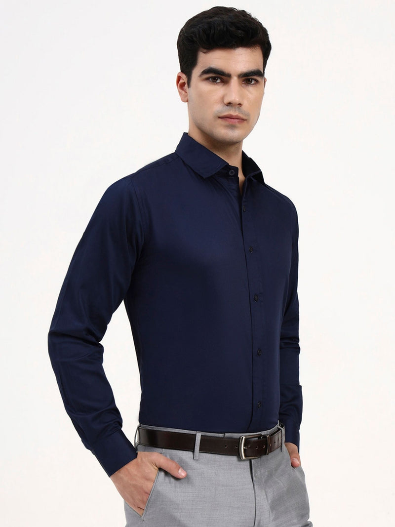Men’s Designer Dark Blue Formal Shirt | Solid Cotton-Satin Tailored Fit