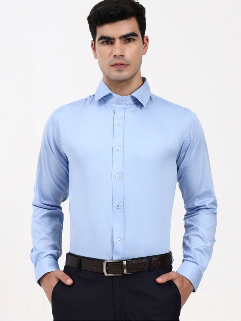Men’s Designer Light Blue Formal Shirt | Solid Cotton-Satin Tailored Fit