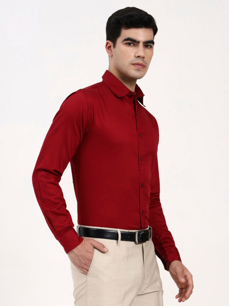 Men’s Designer Maroon Formal Shirt | Solid Cotton-Satin Tailored Fit