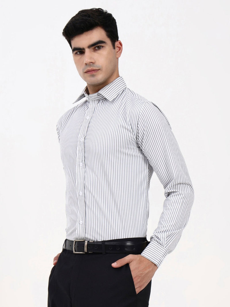 Men’s Grey Striped Cotton Shirt | Tailored Fit for Office & Special Occasions